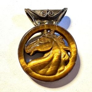 Sajen 1960s Tiger Eye Sterling Silver Carved Horse Head Pendant